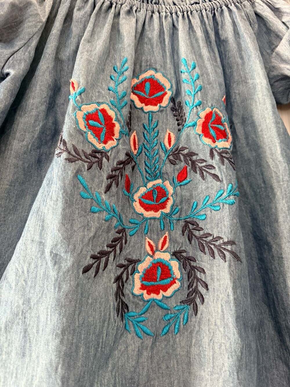 A&A Boho Off-The-Shoulder Embroidered Chambray Bell Sleeve Dress - Picture 5 of 5